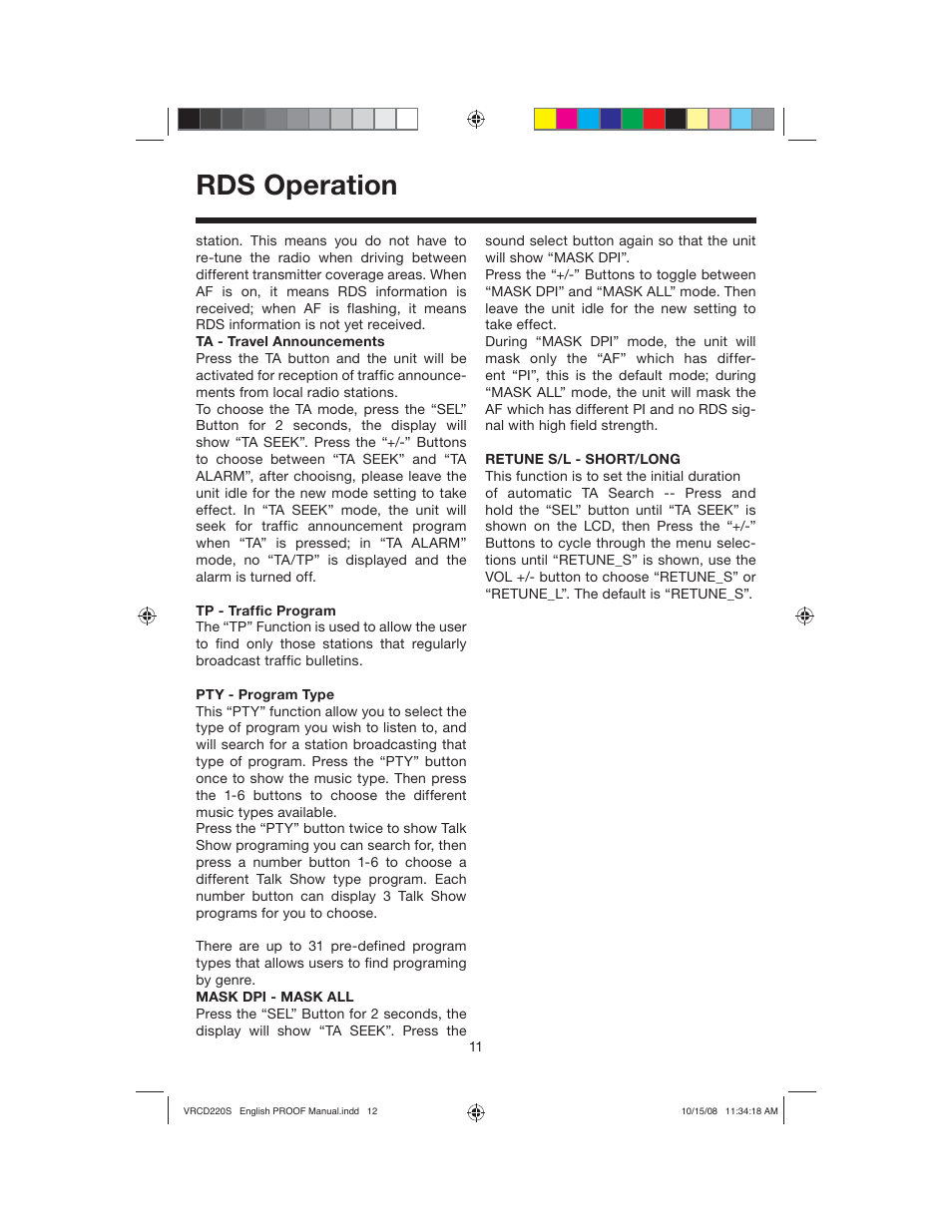 Rds operation | Roadmaster VRCD220S User Manual | Page 12 / 18