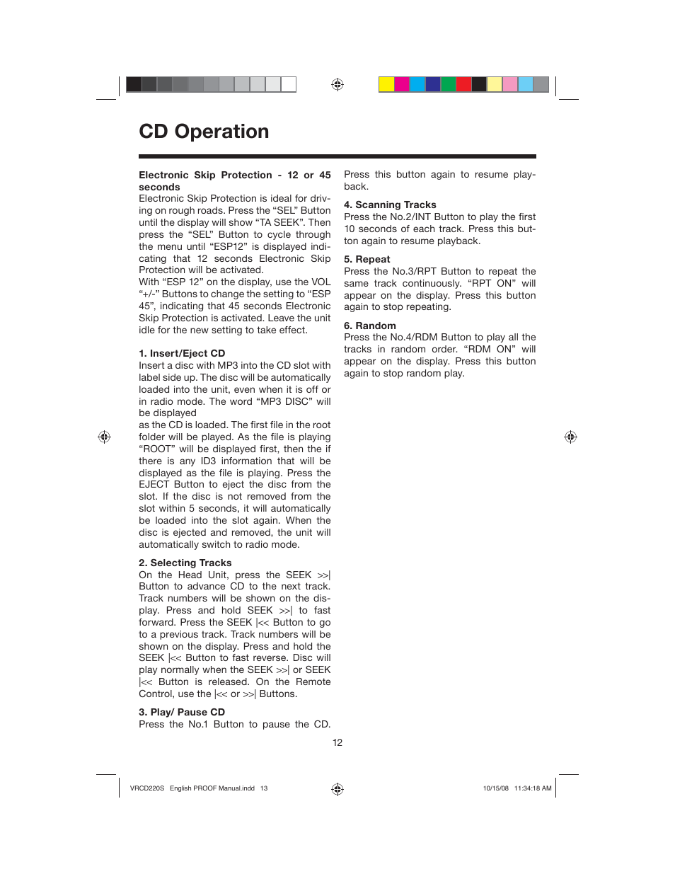 Cd operation | Roadmaster VRCD220S User Manual | Page 13 / 18