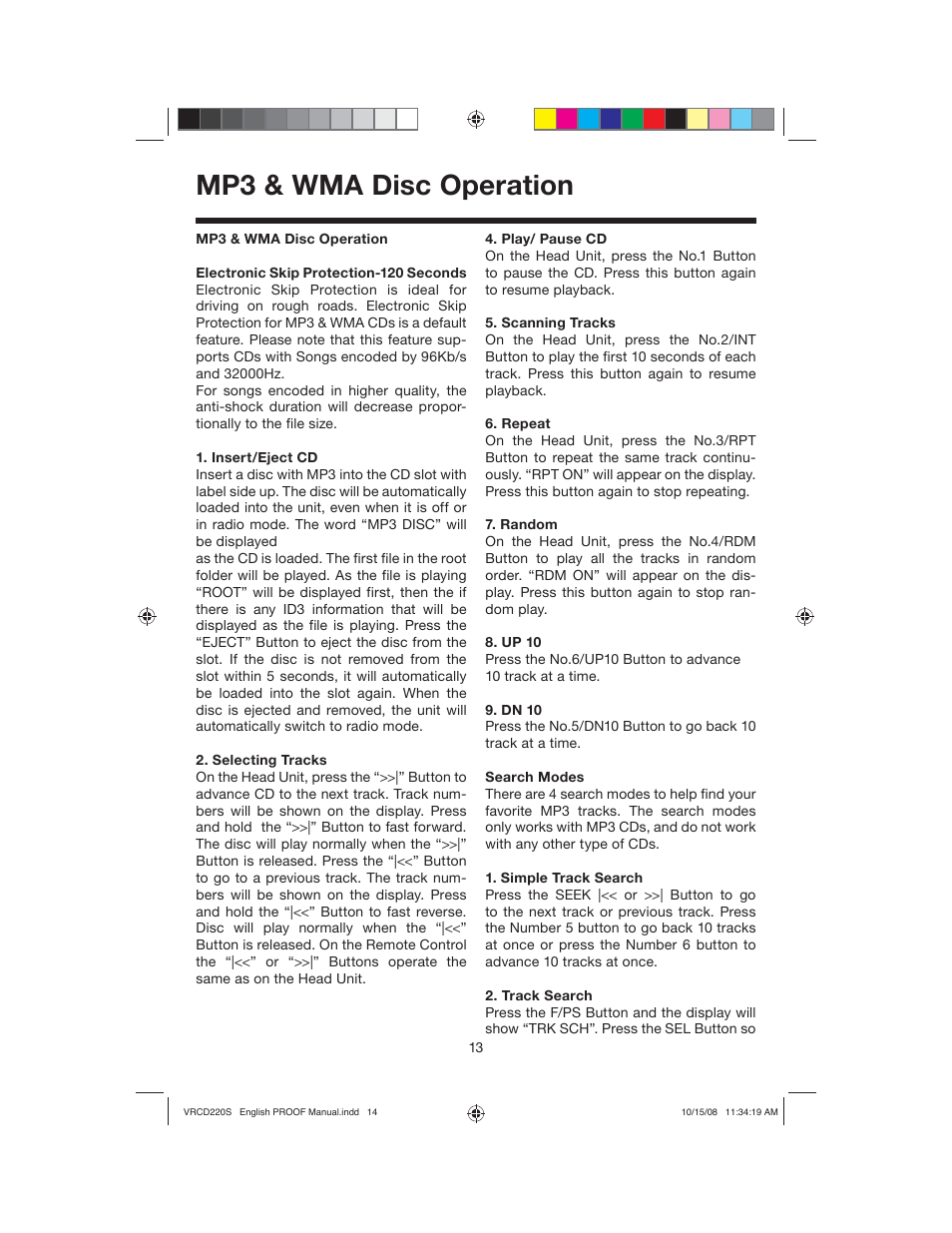 Mp3 & wma disc operation | Roadmaster VRCD220S User Manual | Page 14 / 18