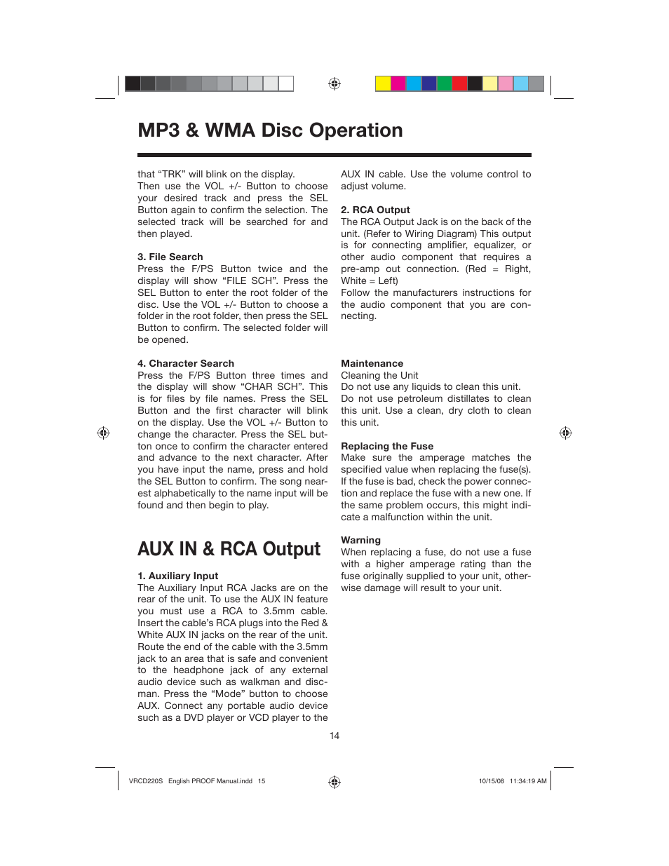 Mp3 & wma disc operation, Aux in & rca output | Roadmaster VRCD220S User Manual | Page 15 / 18