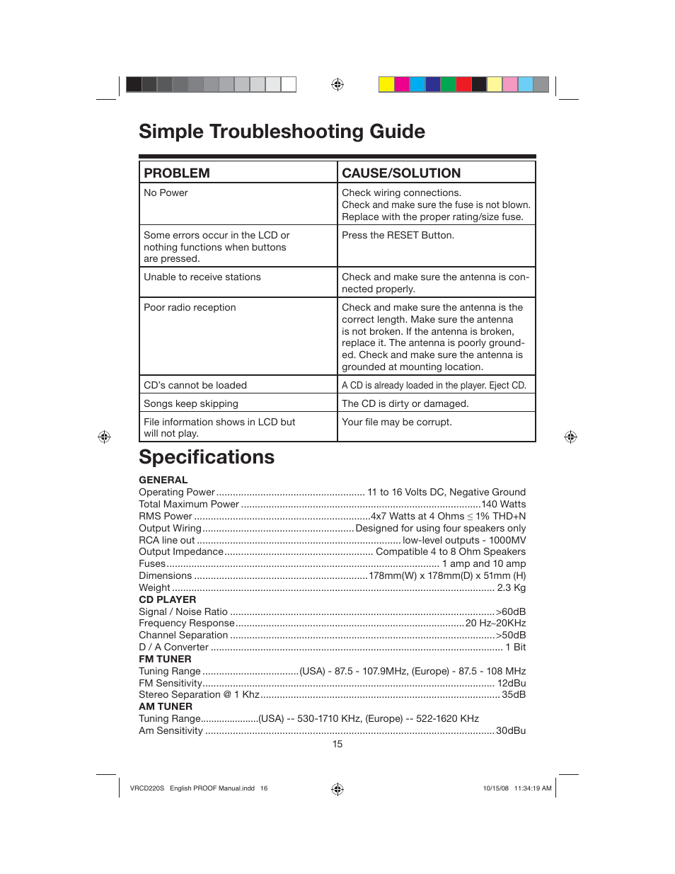 Simple troubleshooting guide, Specifi cations | Roadmaster VRCD220S User Manual | Page 16 / 18