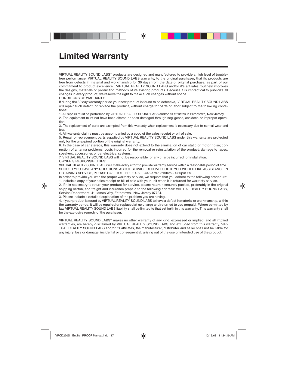 Limited warranty | Roadmaster VRCD220S User Manual | Page 17 / 18