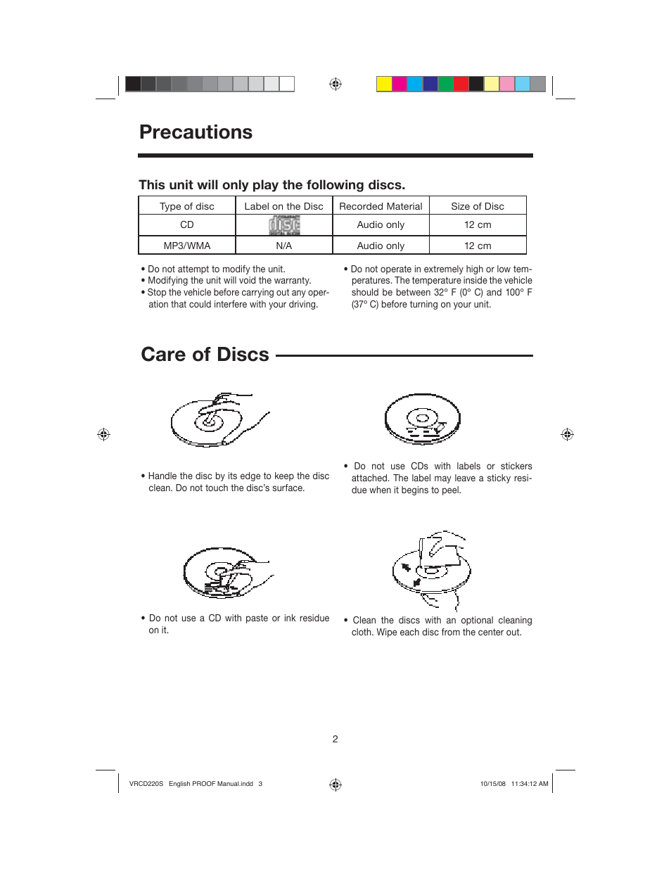 Precautions, Care of discs, This unit will only play the following discs | Roadmaster VRCD220S User Manual | Page 3 / 18