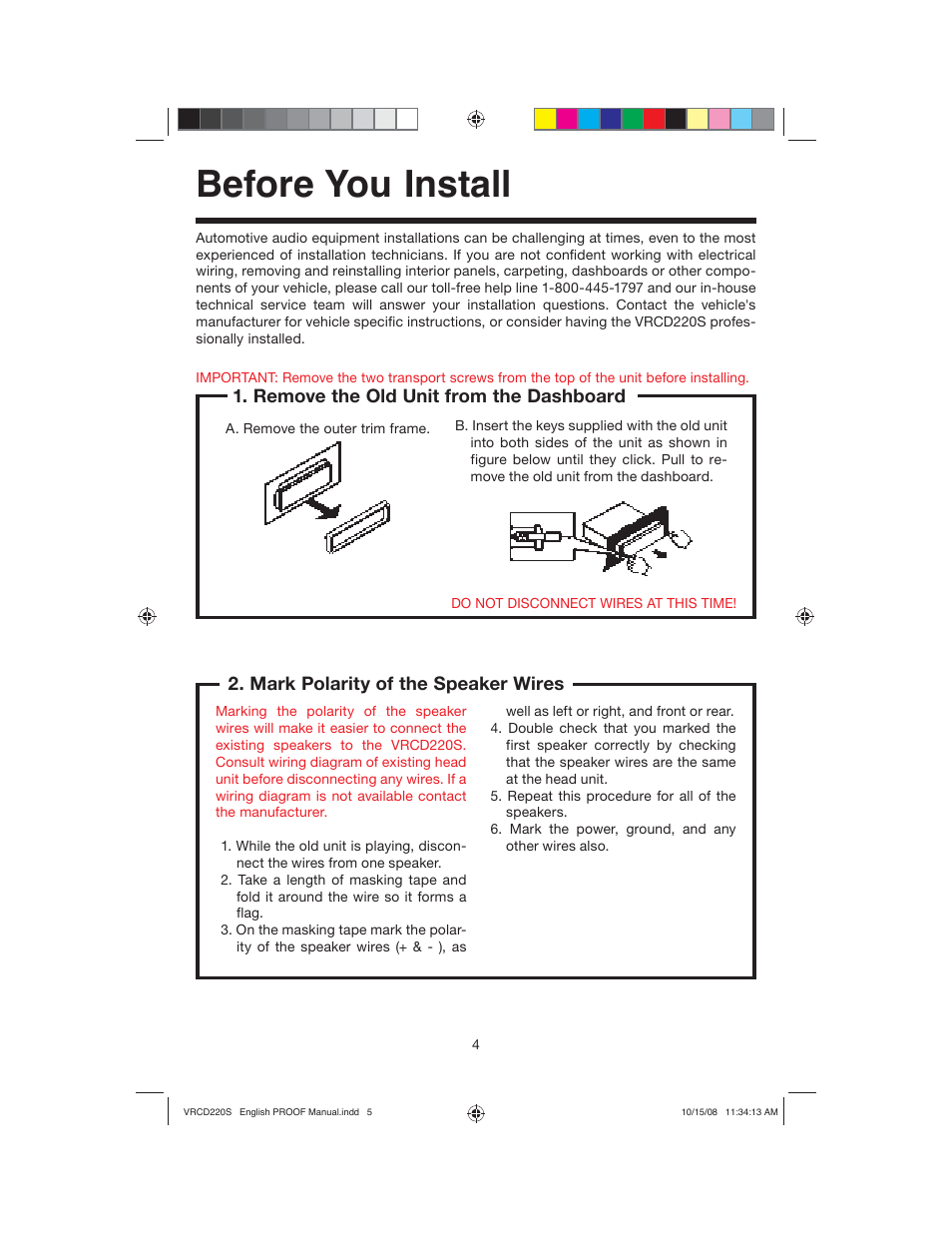 Before you install, Remove the old unit from the dashboard, Mark polarity of the speaker wires | Roadmaster VRCD220S User Manual | Page 5 / 18