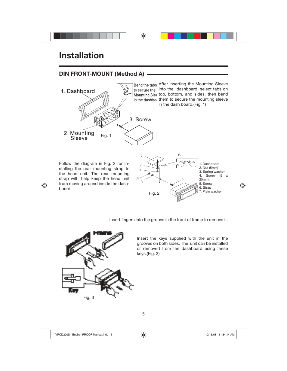 Installation, Din front-mount (method a) | Roadmaster VRCD220S User Manual | Page 6 / 18