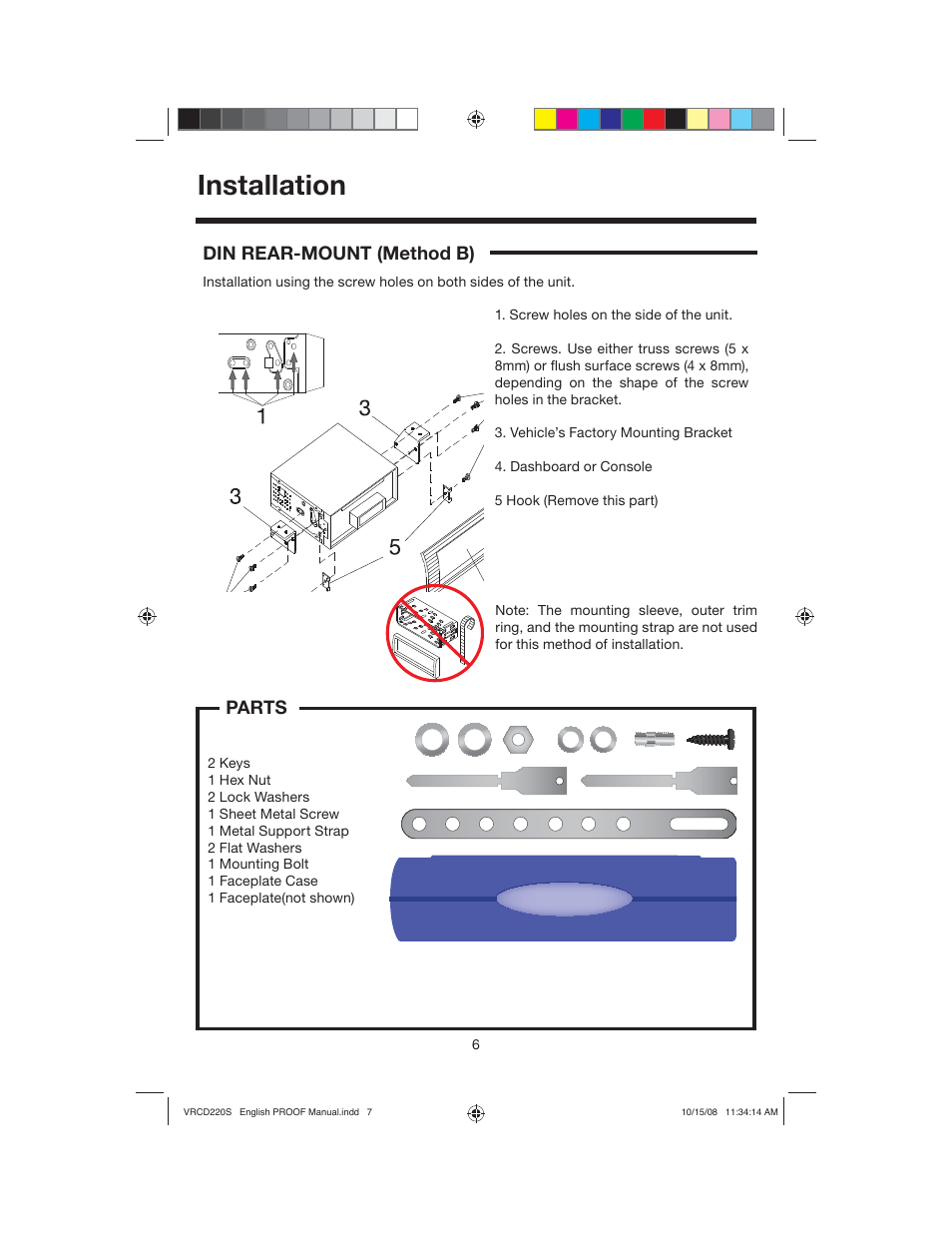 Installation, Din rear-mount (method b), Parts | Roadmaster VRCD220S User Manual | Page 7 / 18