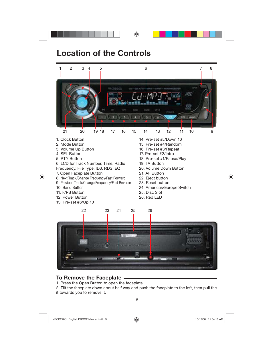 Location of the controls | Roadmaster VRCD220S User Manual | Page 9 / 18