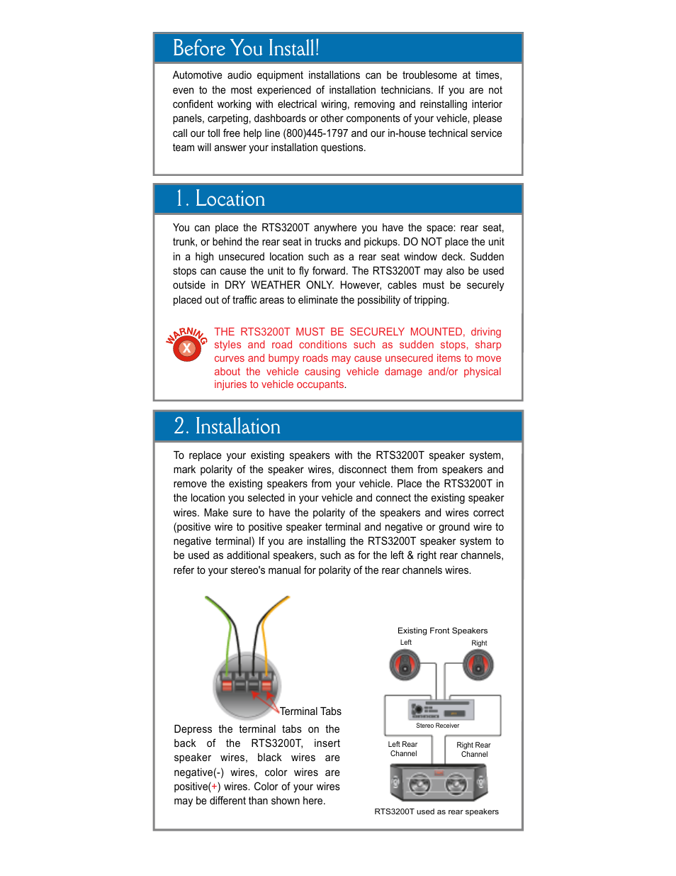 Rts3200t stereo speaker system read first, Before you install, Give us a call, we'll help you install | Roadmaster RTS3200T User Manual | Page 2 / 3