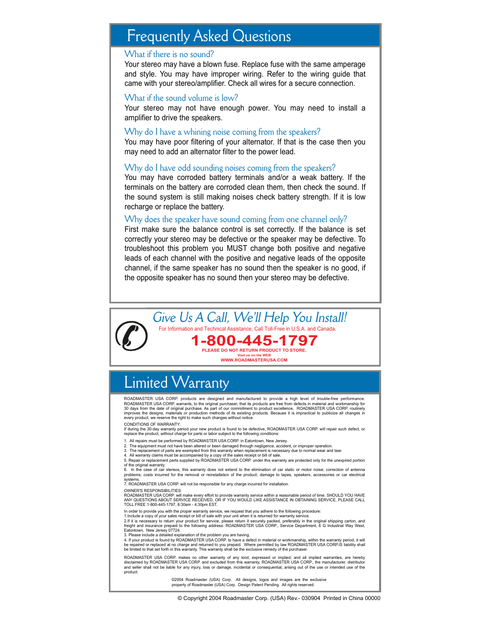 Rts3200t stereo speaker system read first, Before you install, Give us a call, we'll help you install | Roadmaster RTS3200T User Manual | Page 3 / 3