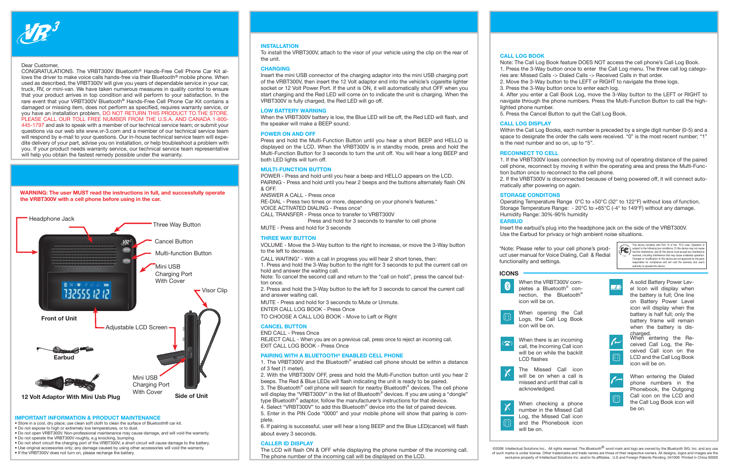 Roadmaster Hands-Free Car Kit VRBT300V User Manual | 1 page