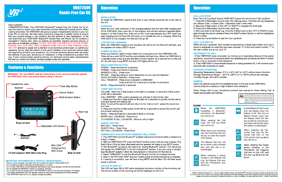 Roadmaster Hands-Free Car Kit VRBT200V User Manual | 1 page