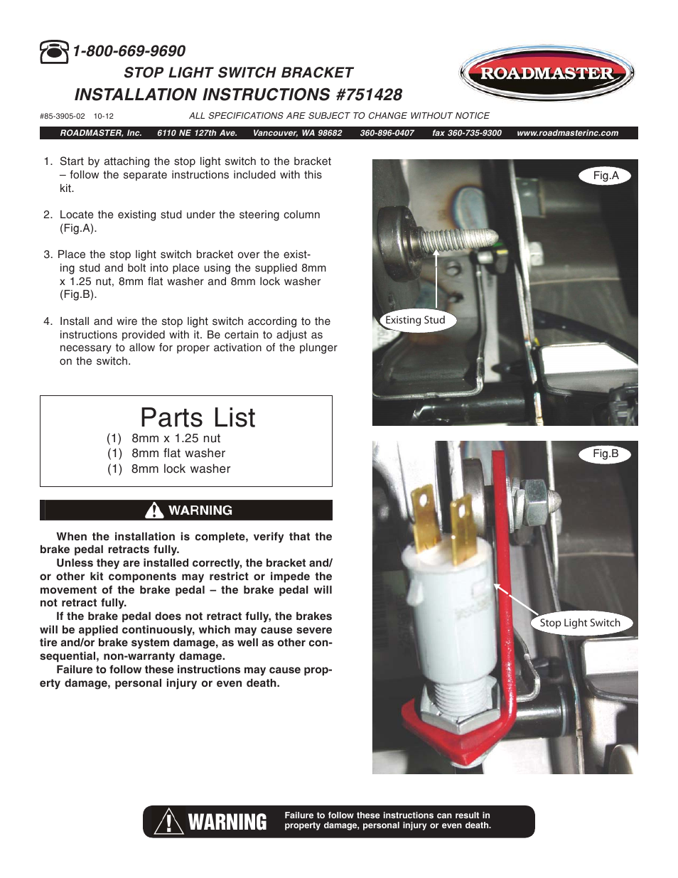 Roadmaster 751428 User Manual | 3 pages