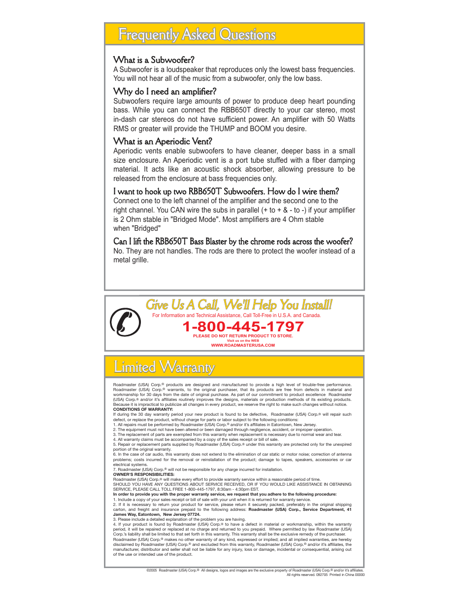 Limited warranty, Location, Wiring | What is a subwoofer, Why do i need an amplifier, What is an aperiodic vent | Roadmaster RBB650T User Manual | Page 3 / 3