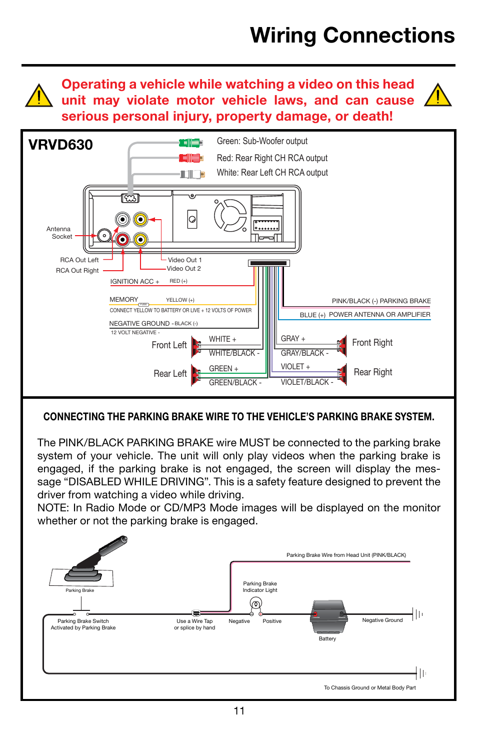Wiring connections, Vrvd630, Front left front right rear left rear right | Roadmaster Multi-Media Headunit VRVD630 User Manual | Page 10 / 30