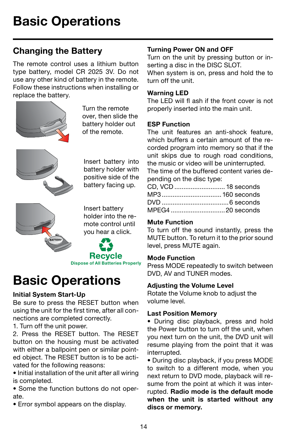 Basic operations, Changing the battery | Roadmaster Multi-Media Headunit VRVD630 User Manual | Page 13 / 30