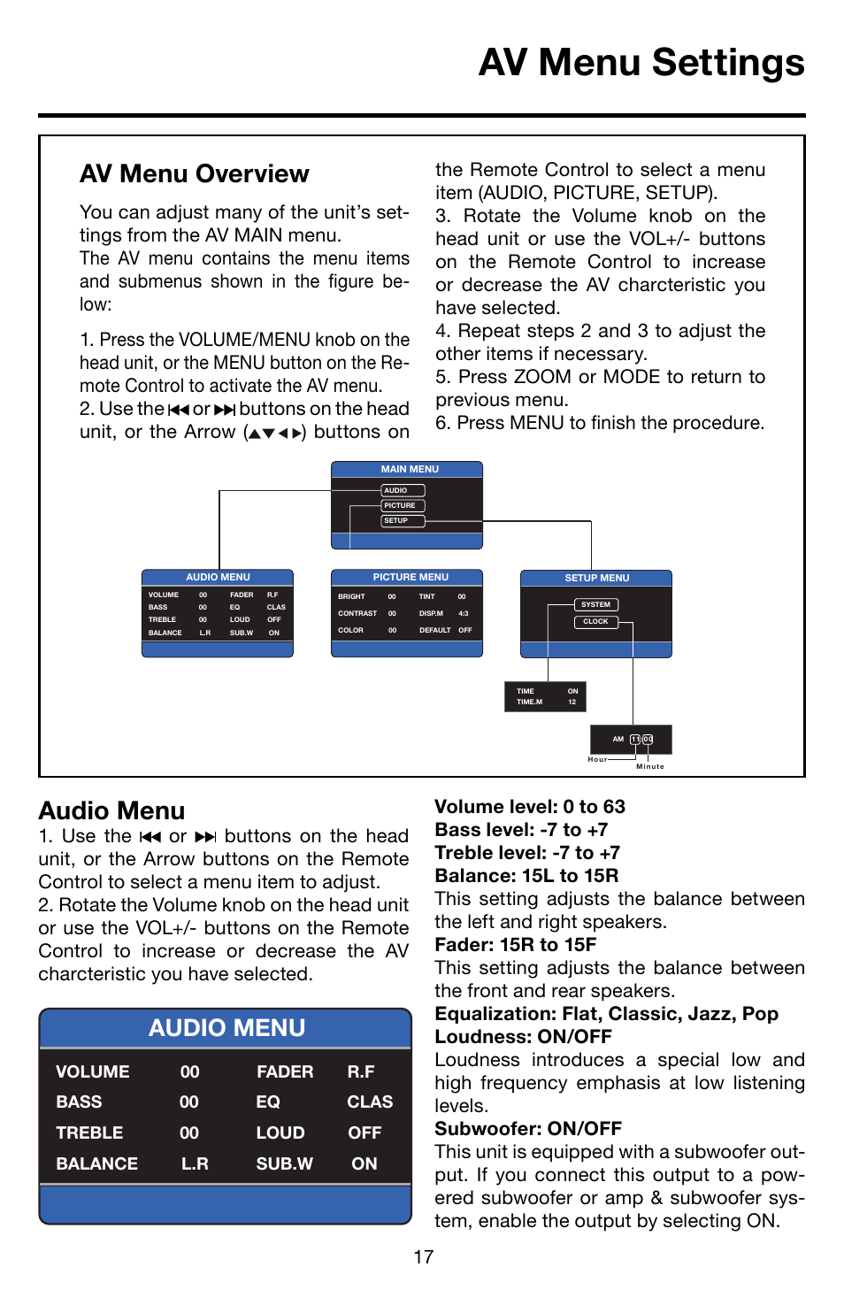 Av menu settings, Audio menu, Av menu overview | Roadmaster Multi-Media Headunit VRVD630 User Manual | Page 16 / 30