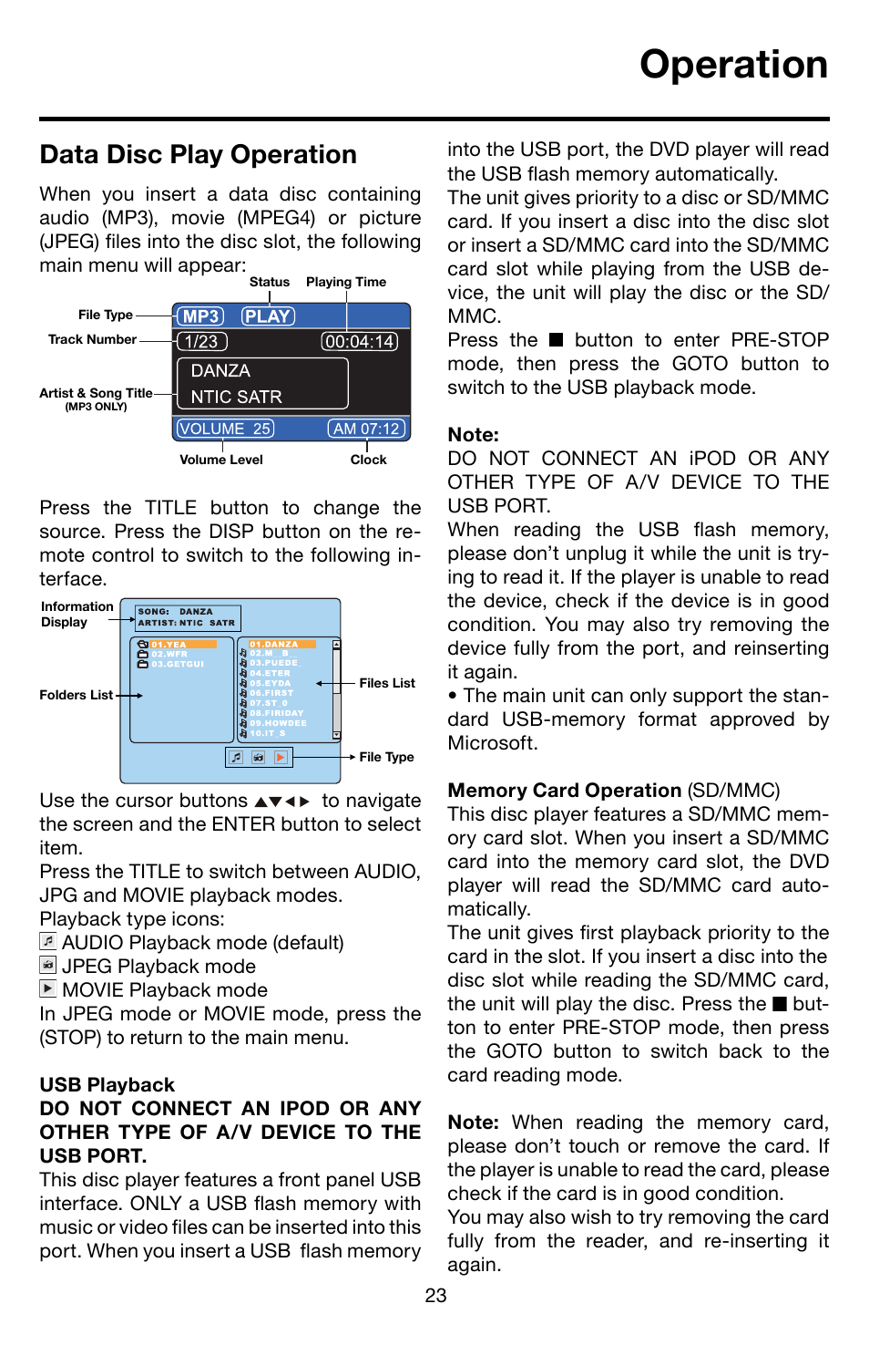 Operation, Data disc play operation | Roadmaster Multi-Media Headunit VRVD630 User Manual | Page 22 / 30