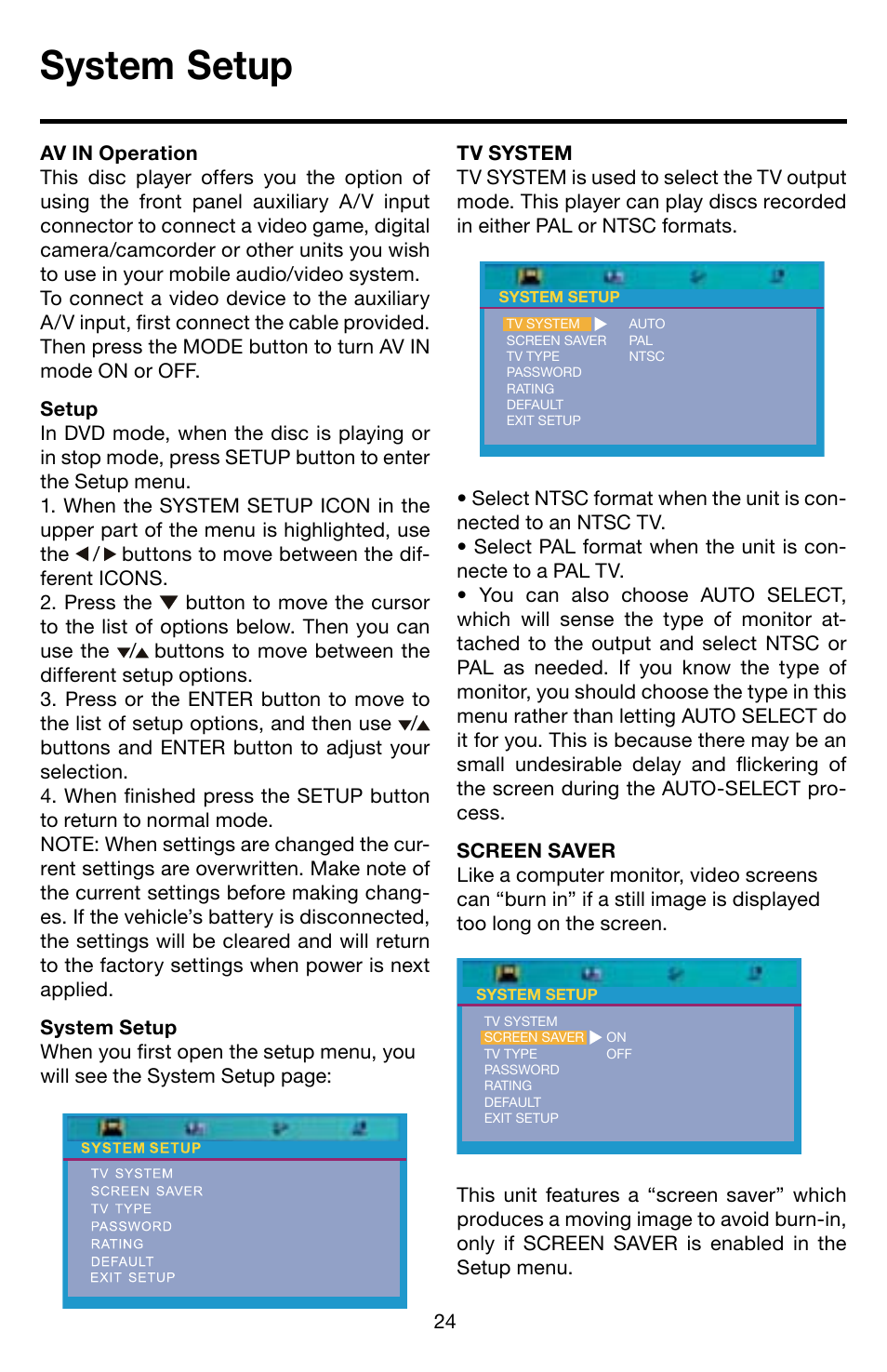 System setup | Roadmaster Multi-Media Headunit VRVD630 User Manual | Page 23 / 30