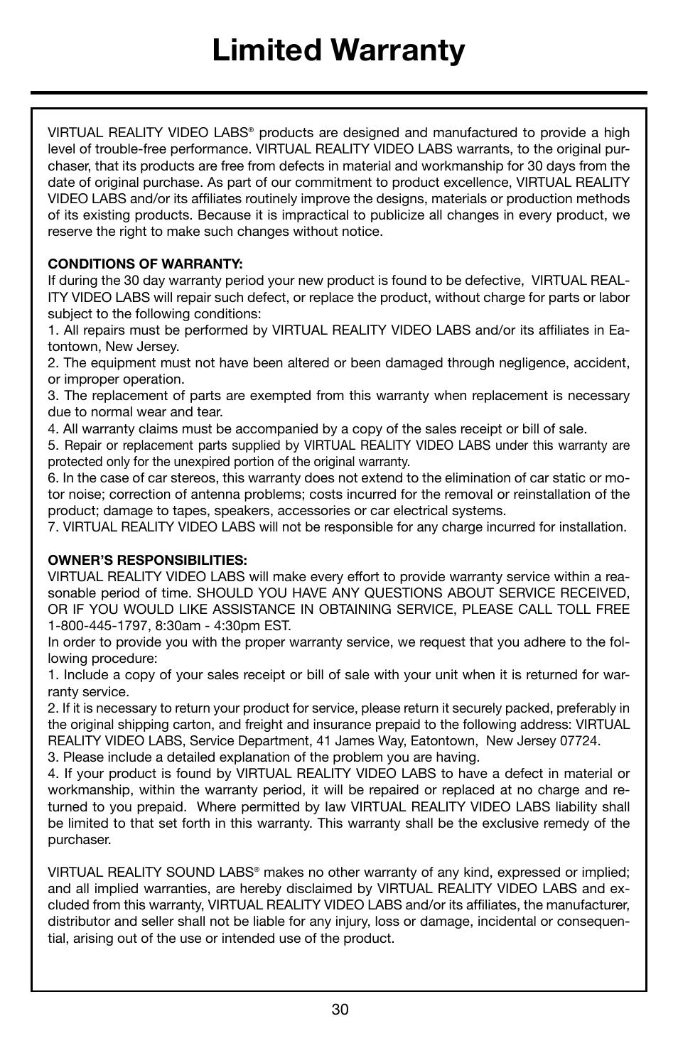 Limited warranty | Roadmaster Multi-Media Headunit VRVD630 User Manual | Page 29 / 30
