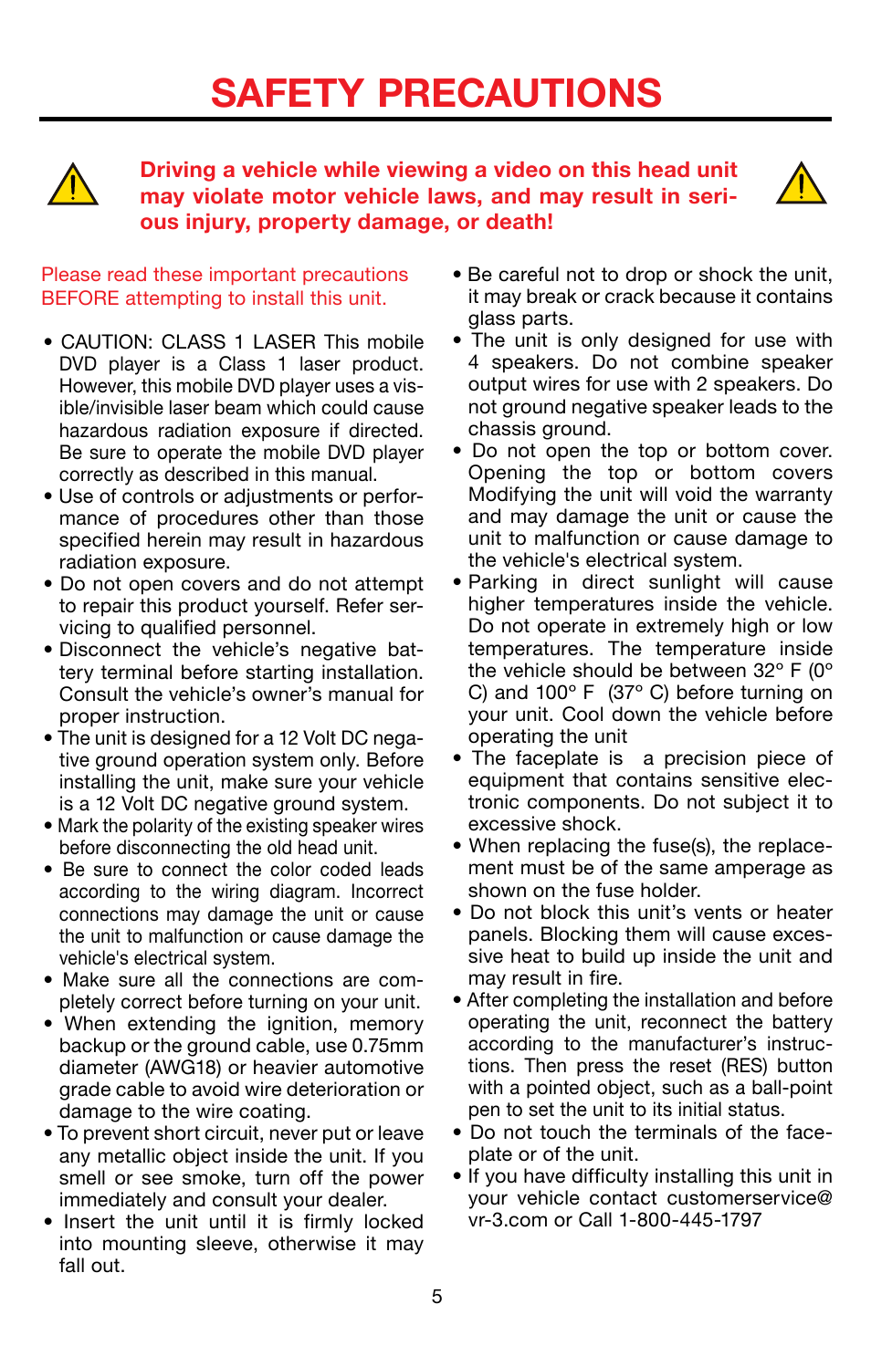 Safety precautions | Roadmaster Multi-Media Headunit VRVD630 User Manual | Page 4 / 30