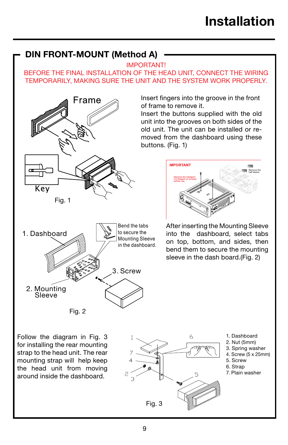 Installation, Din front-mount (method a) | Roadmaster Multi-Media Headunit VRVD630 User Manual | Page 8 / 30