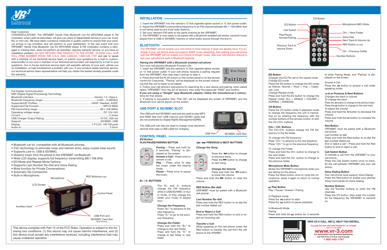 Roadmaster Hands Free Bluetooth Car Kit MP3/WMA player & FM modulator VRFM9BT User Manual | 2 pages
