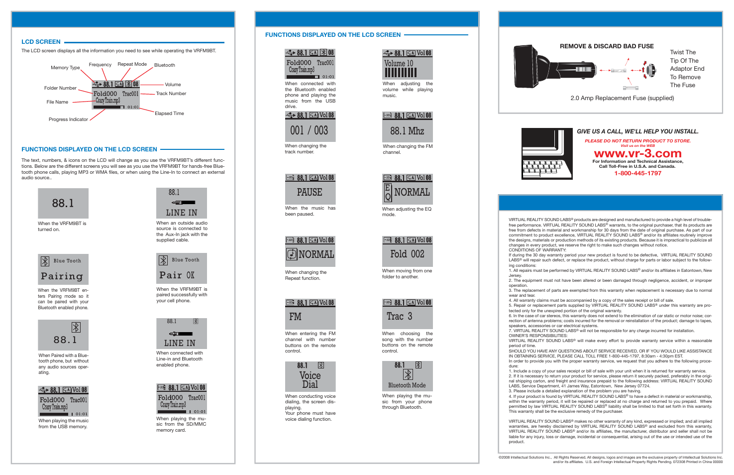 1 mhz, Pause, Normal | Fold 002, Trac 3, Voice dial, Operation, Changing the fuse limited warranty, Pair ing, Pair ok | Roadmaster Hands Free Bluetooth Car Kit MP3/WMA player & FM modulator VRFM9BT User Manual | Page 2 / 2