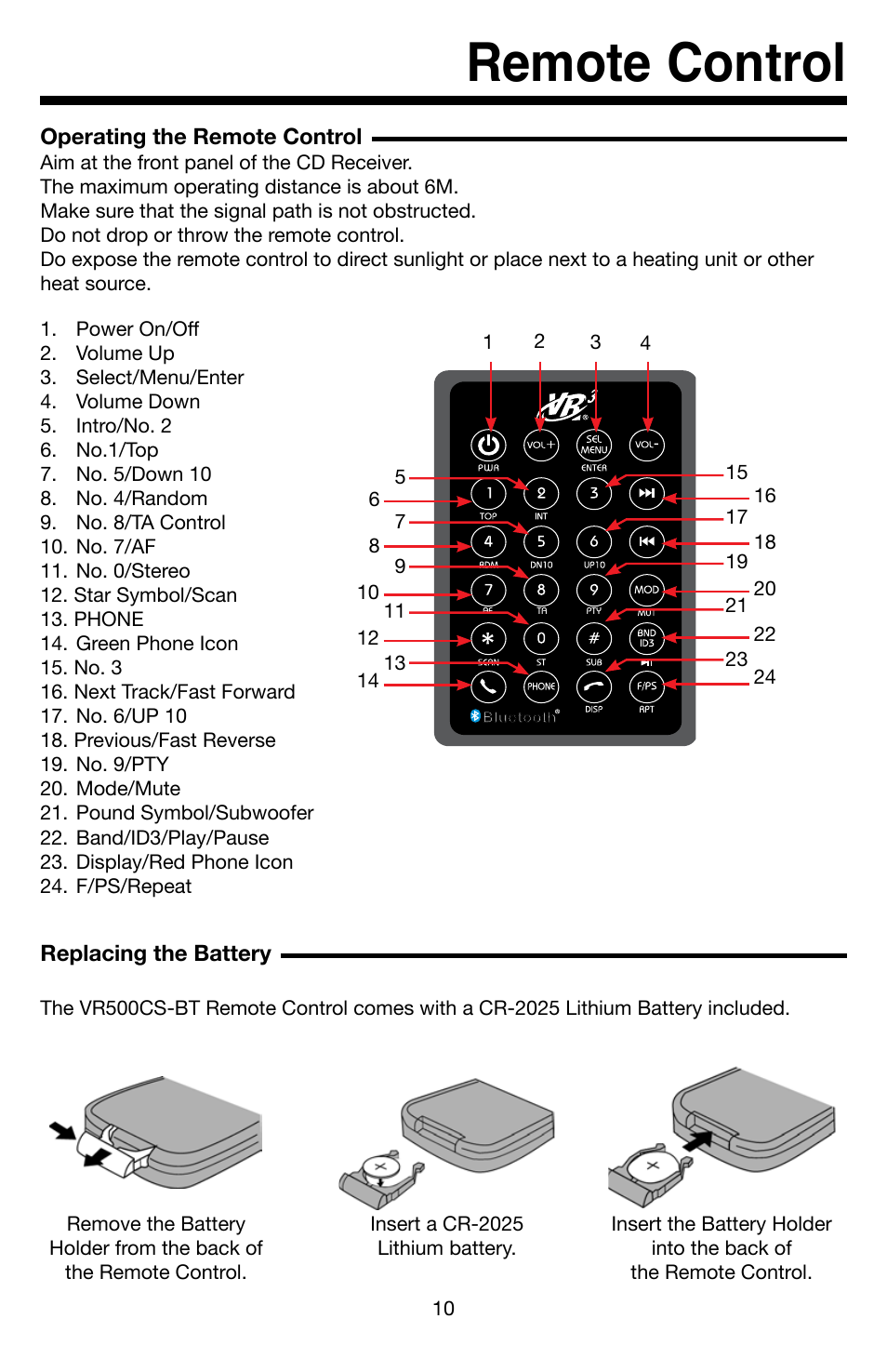 Remote control | Roadmaster VR3 VR500CS-BT User Manual | Page 11 / 22