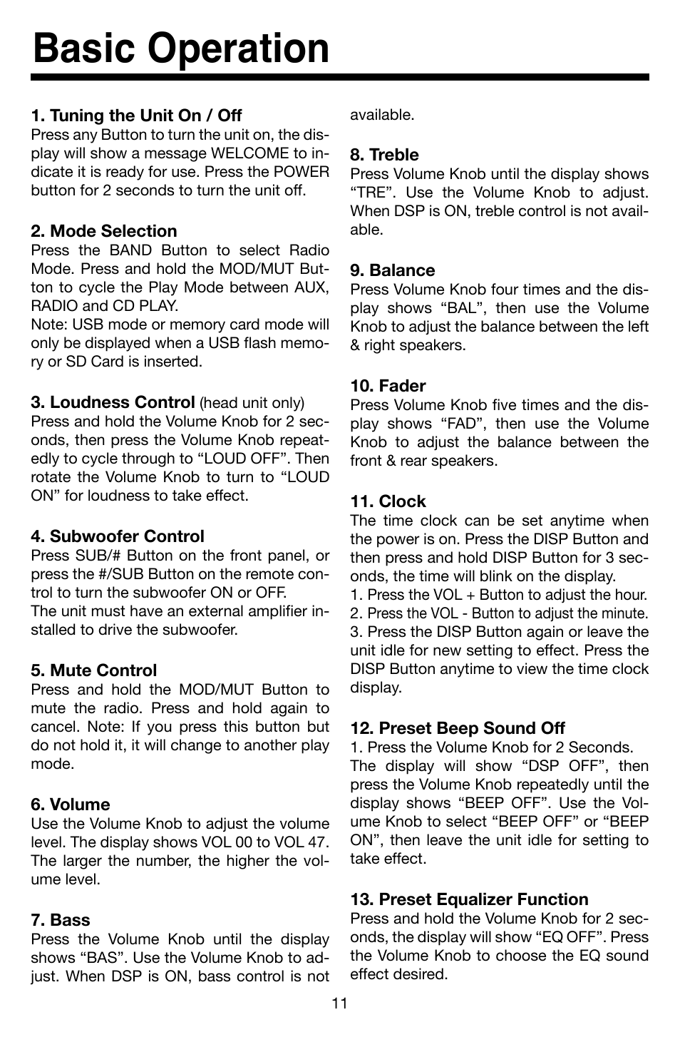 Basic operation | Roadmaster VR3 VR500CS-BT User Manual | Page 12 / 22