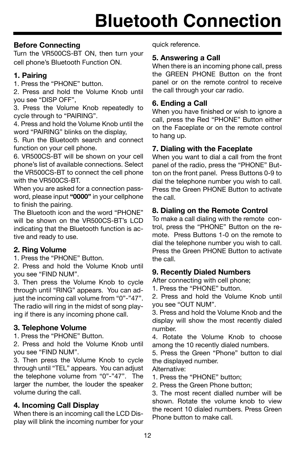 Bluetooth connection | Roadmaster VR3 VR500CS-BT User Manual | Page 13 / 22