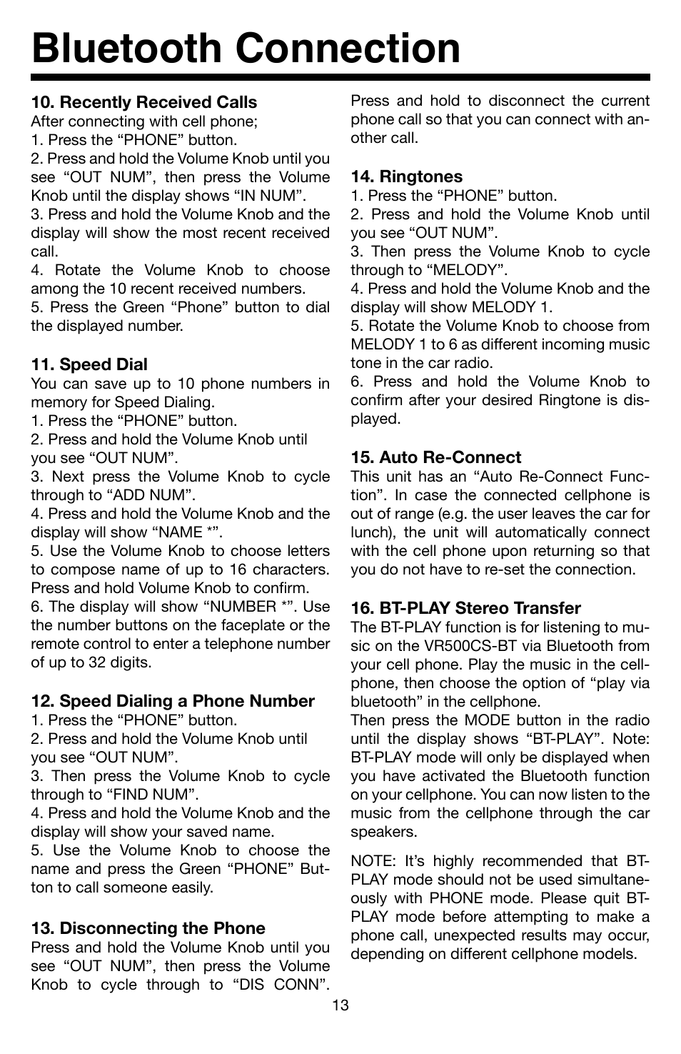 Bluetooth connection | Roadmaster VR3 VR500CS-BT User Manual | Page 14 / 22