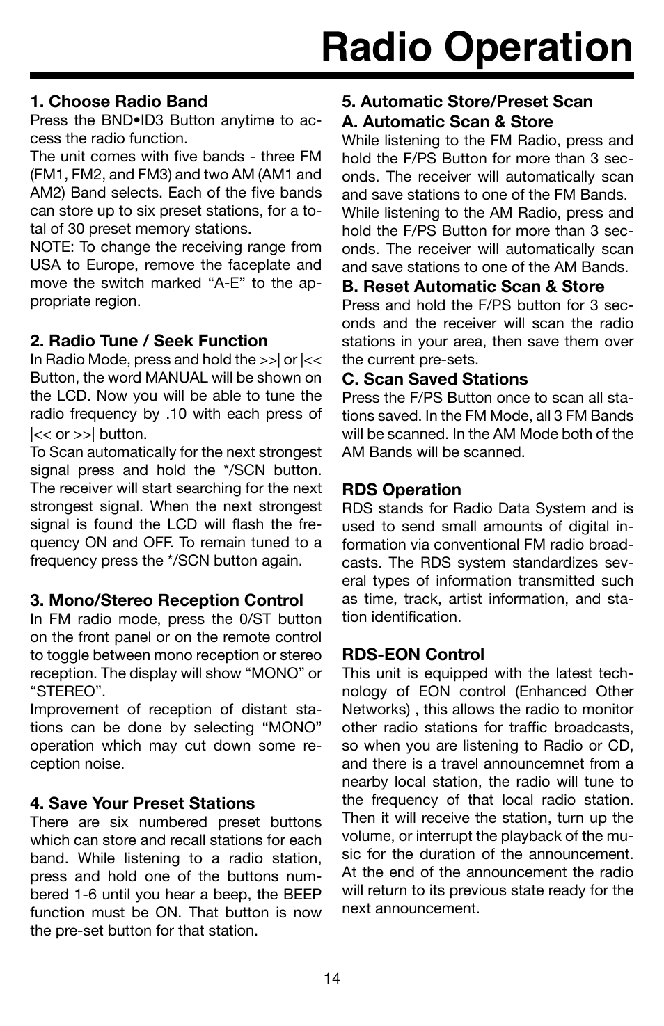 Radio operation | Roadmaster VR3 VR500CS-BT User Manual | Page 15 / 22
