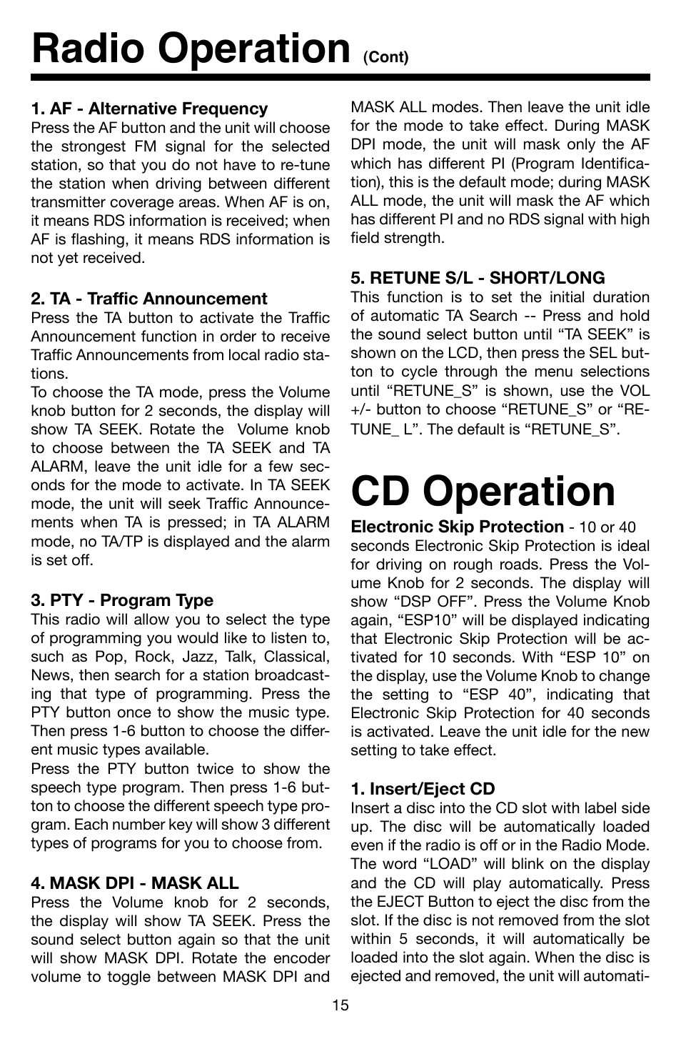 Radio operation, Cd operation | Roadmaster VR3 VR500CS-BT User Manual | Page 16 / 22
