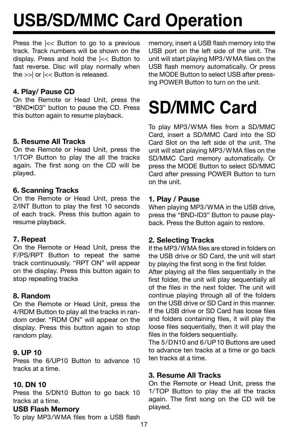 Sd/mmc card, Usb/sd/mmc card operation | Roadmaster VR3 VR500CS-BT User Manual | Page 18 / 22