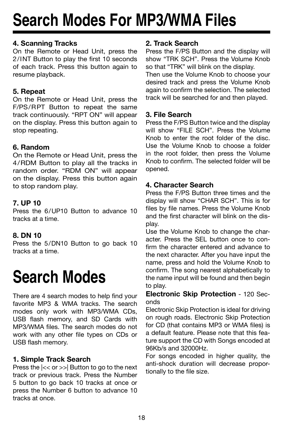 Search modes, Search modes for mp3/wma files | Roadmaster VR3 VR500CS-BT User Manual | Page 19 / 22