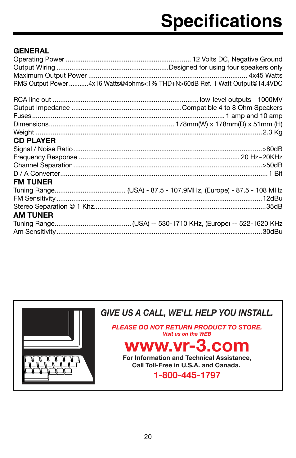 Specifications | Roadmaster VR3 VR500CS-BT User Manual | Page 21 / 22