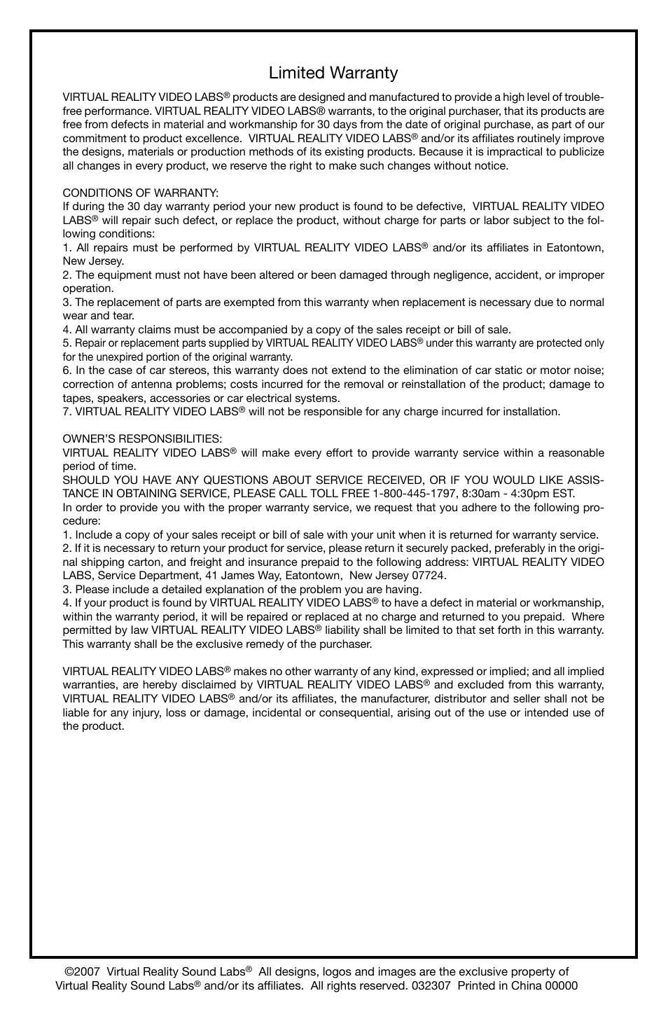Limited warranty | Roadmaster VR3 VR500CS-BT User Manual | Page 22 / 22