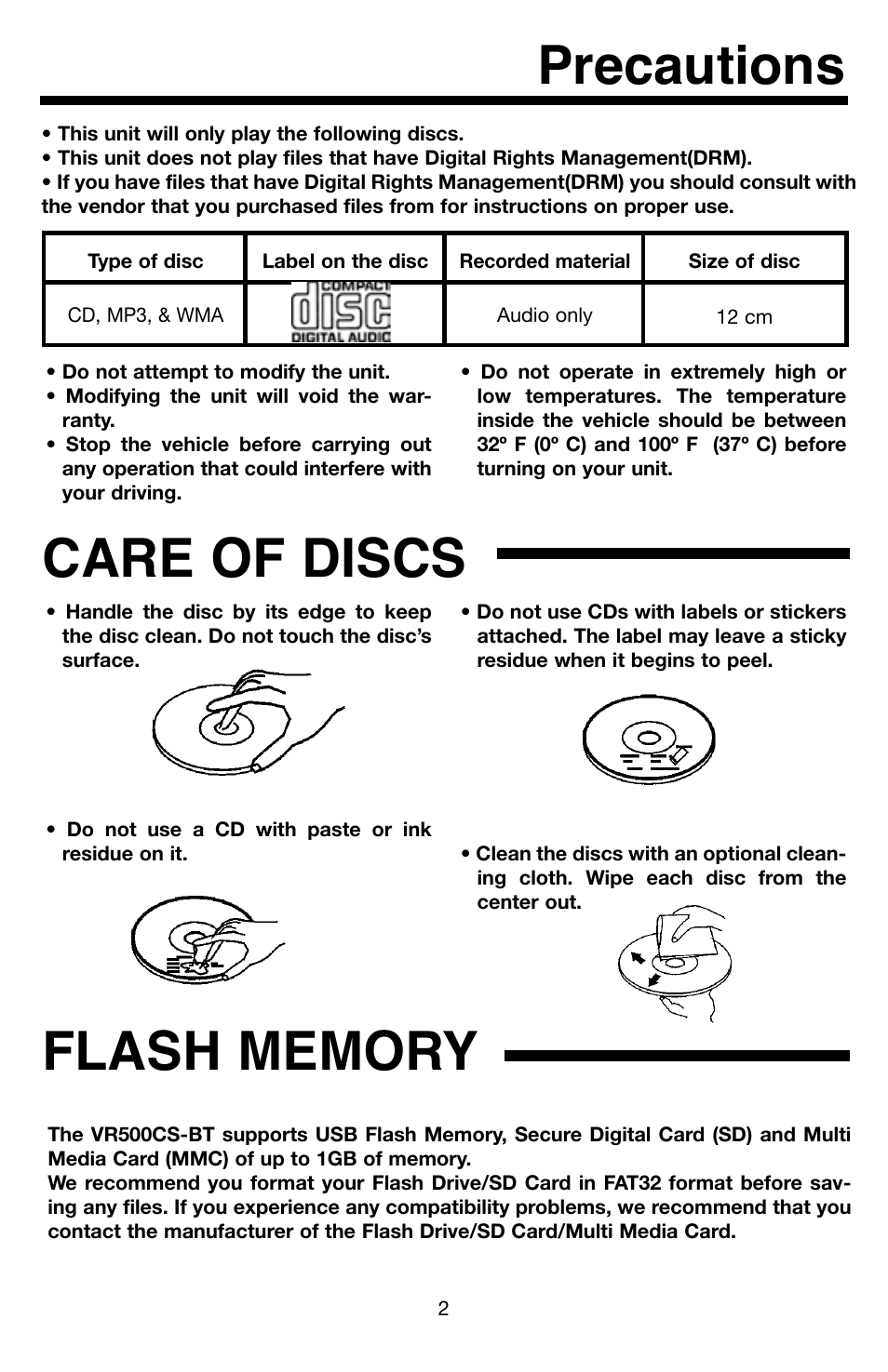 Precautions, Care of discs | Roadmaster VR3 VR500CS-BT User Manual | Page 3 / 22