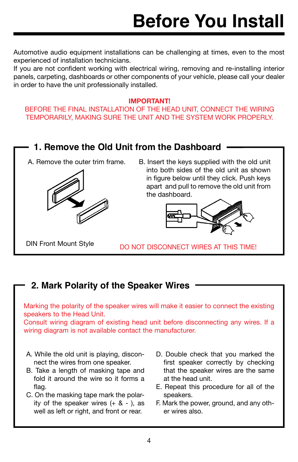 Before you install, Remove the old unit from the dashboard, Mark polarity of the speaker wires | Roadmaster VR3 VR500CS-BT User Manual | Page 5 / 22