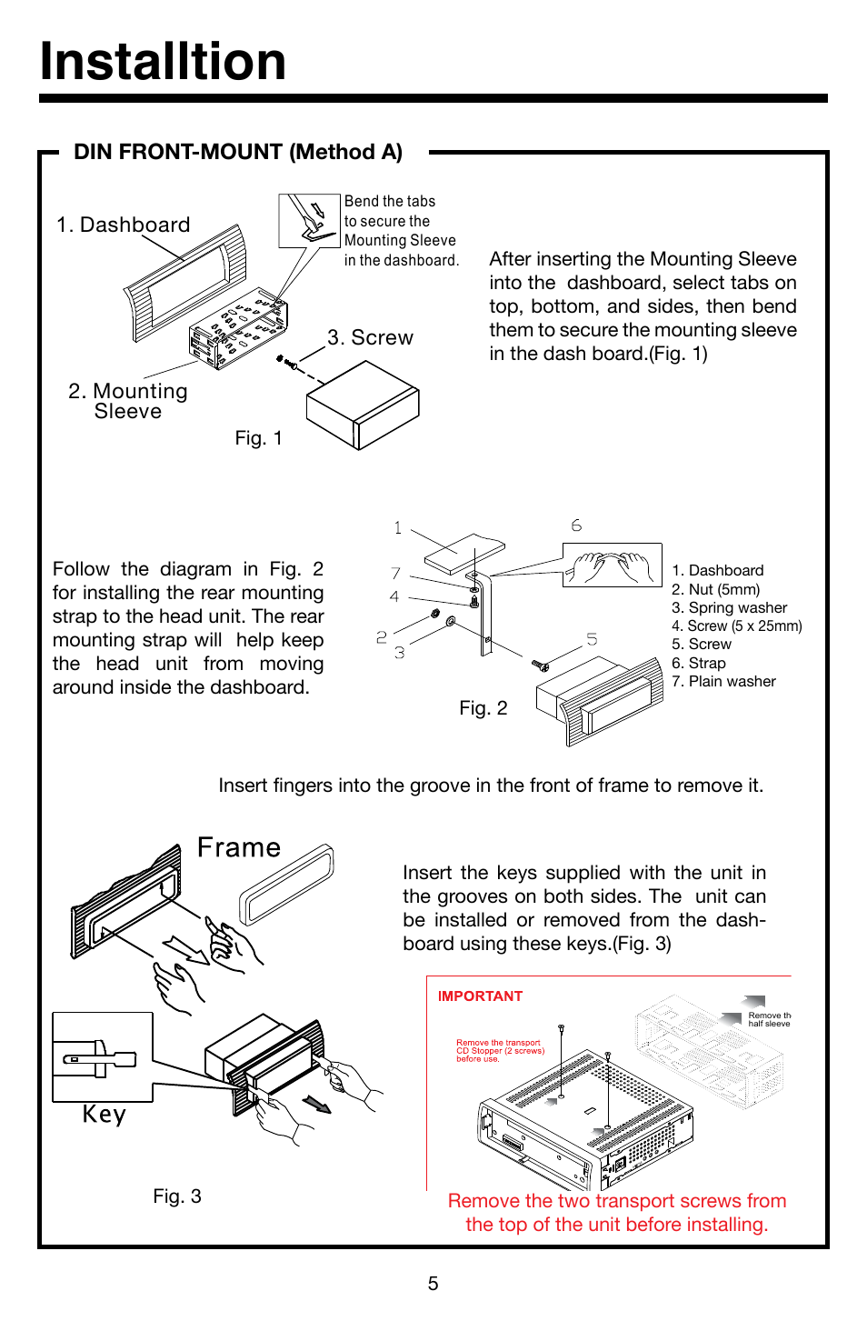 Installtion, Din front-mount (method a) | Roadmaster VR3 VR500CS-BT User Manual | Page 6 / 22