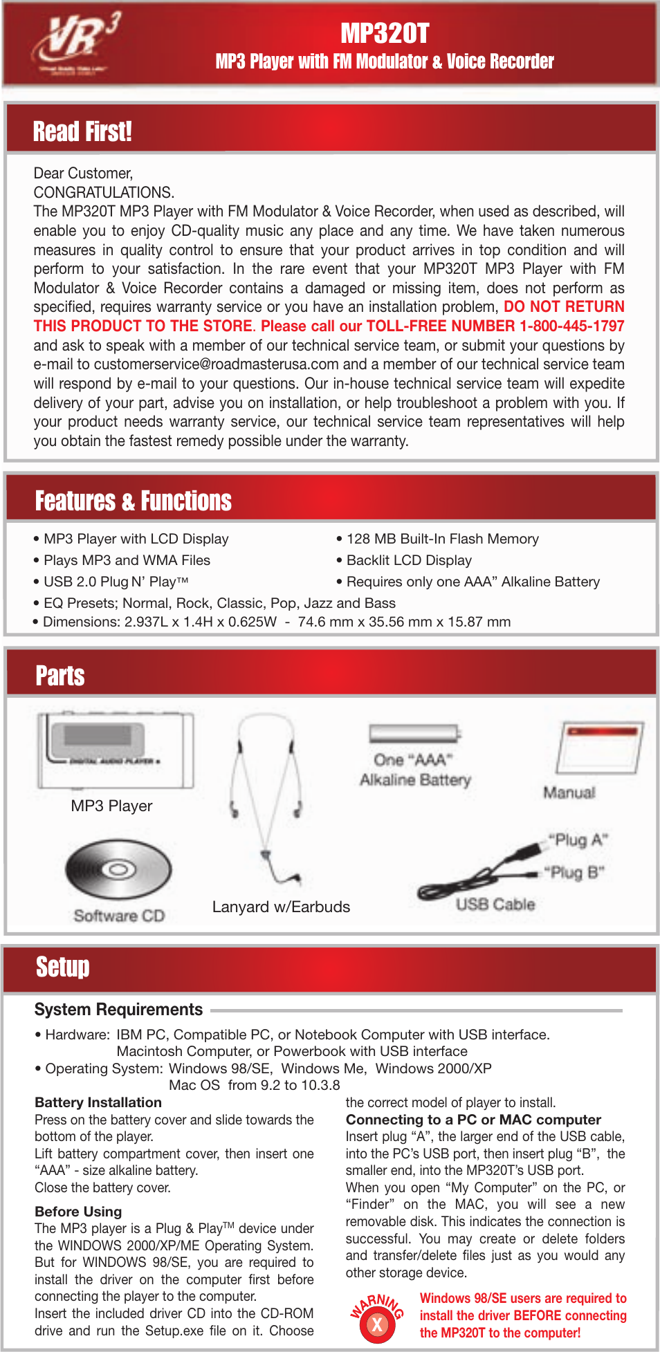 Roadmaster MP320T User Manual | 6 pages