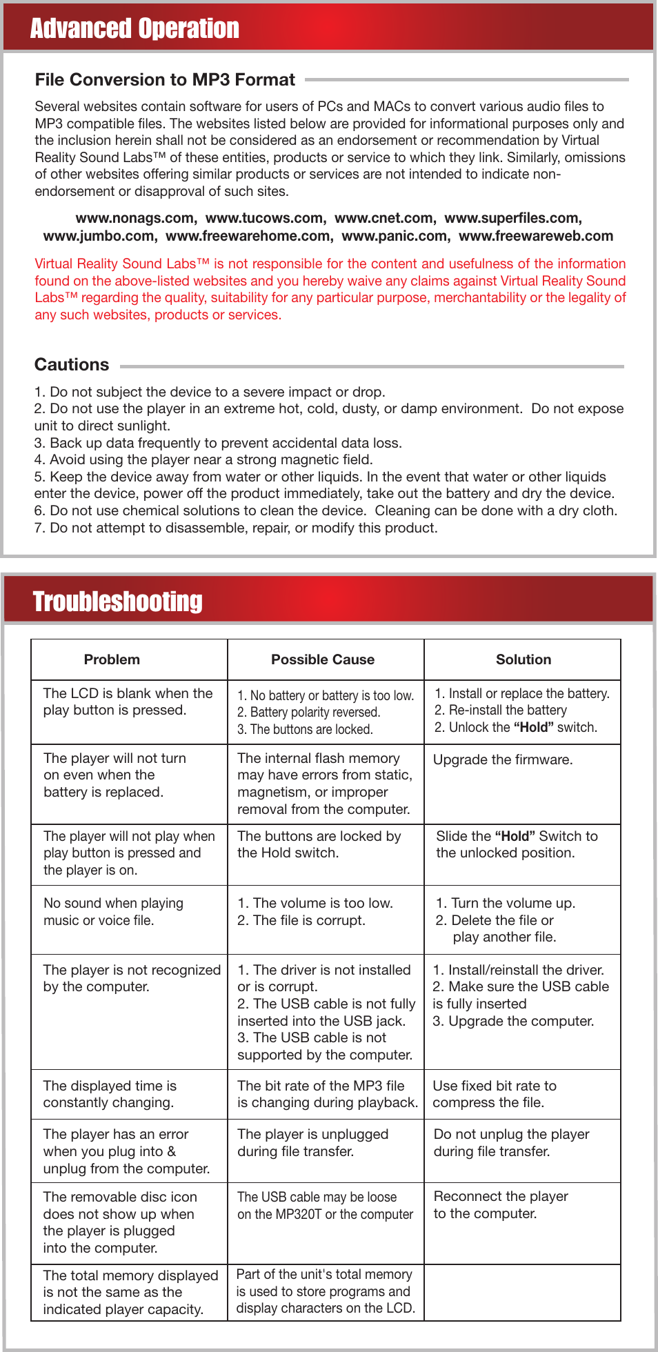 Troubleshooting advanced operation, File conversion to mp3 format, Cautions | Roadmaster MP320T User Manual | Page 5 / 6