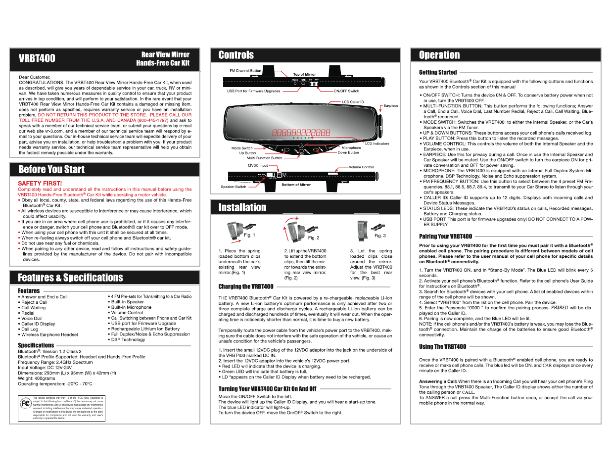 Roadmaster Hands-Free Car Kit VRBT400 User Manual | 2 pages