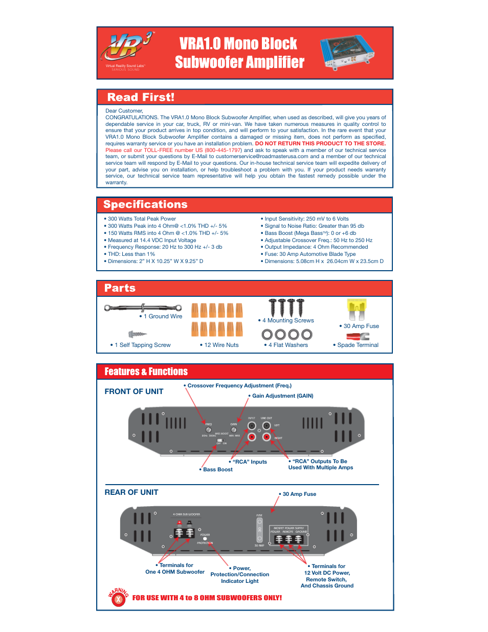Roadmaster Block Subwoofer Amplifier VRA1.0 User Manual | 6 pages