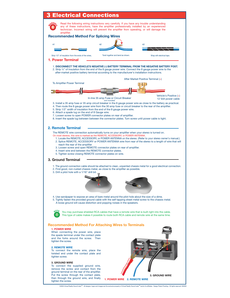 Power terminal, Ground terminal, Remote terminal | Recommended method for splicing wires, Location, Front of unit rear of unit | Roadmaster Block Subwoofer Amplifier VRA1.0 User Manual | Page 3 / 6