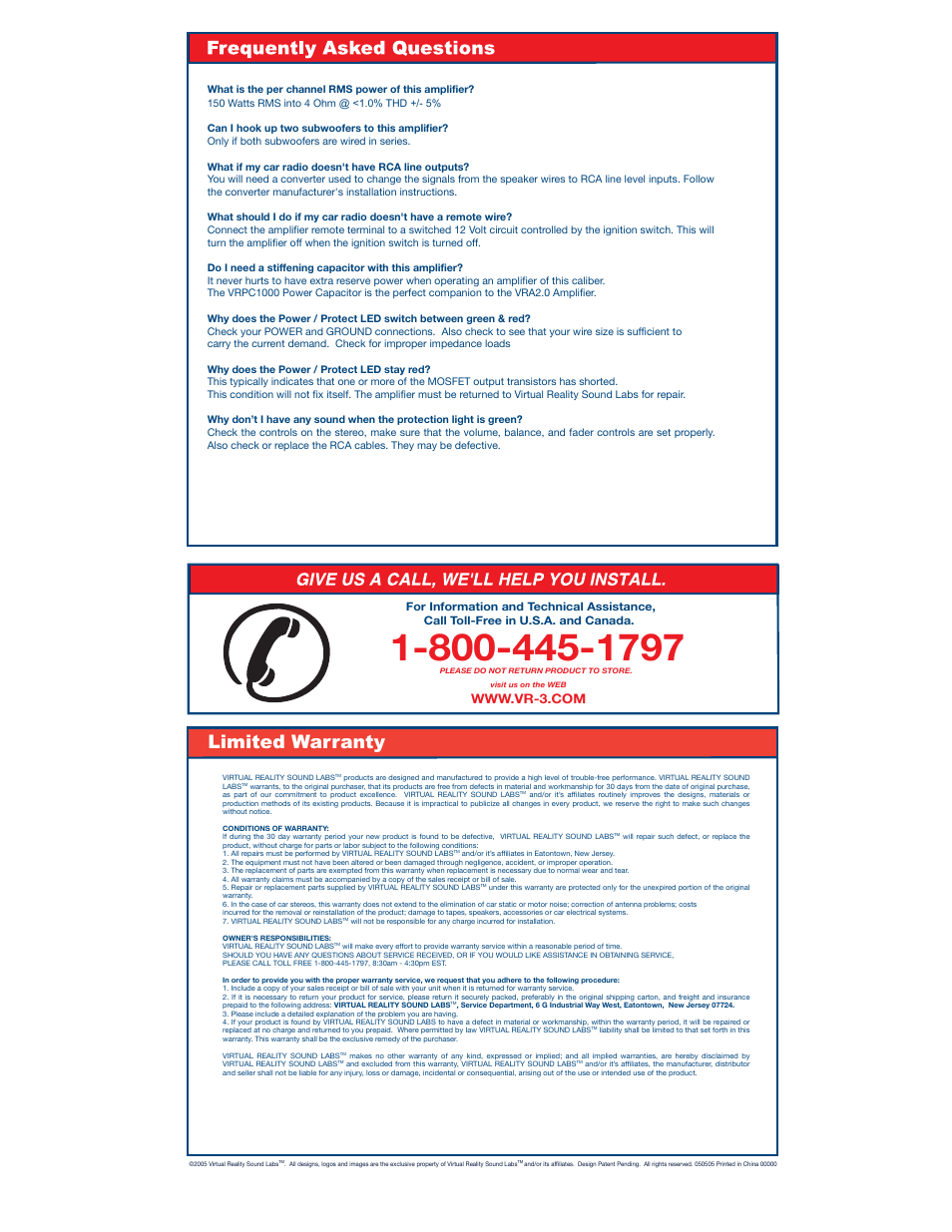 Limited warranty, Bass boost, Gain control | Frequency adjustment screw | Roadmaster Block Subwoofer Amplifier VRA1.0 User Manual | Page 6 / 6
