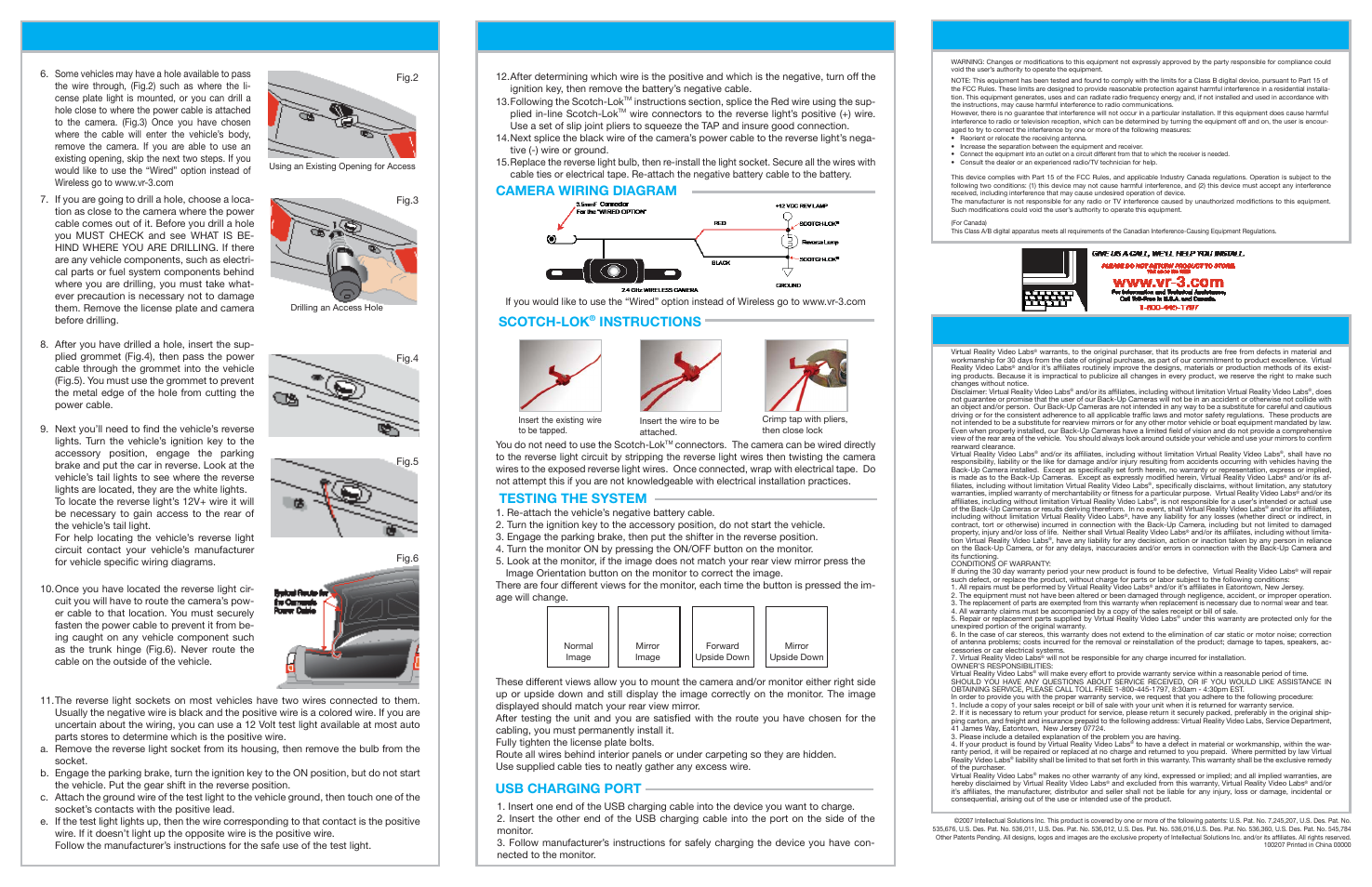 Installation, Limited warranty, Fcc & industry canada information | Scotch-lok, Usb charging port | Roadmaster Wireless Back-up Camera System VRBCS335WCA User Manual | Page 2 / 2