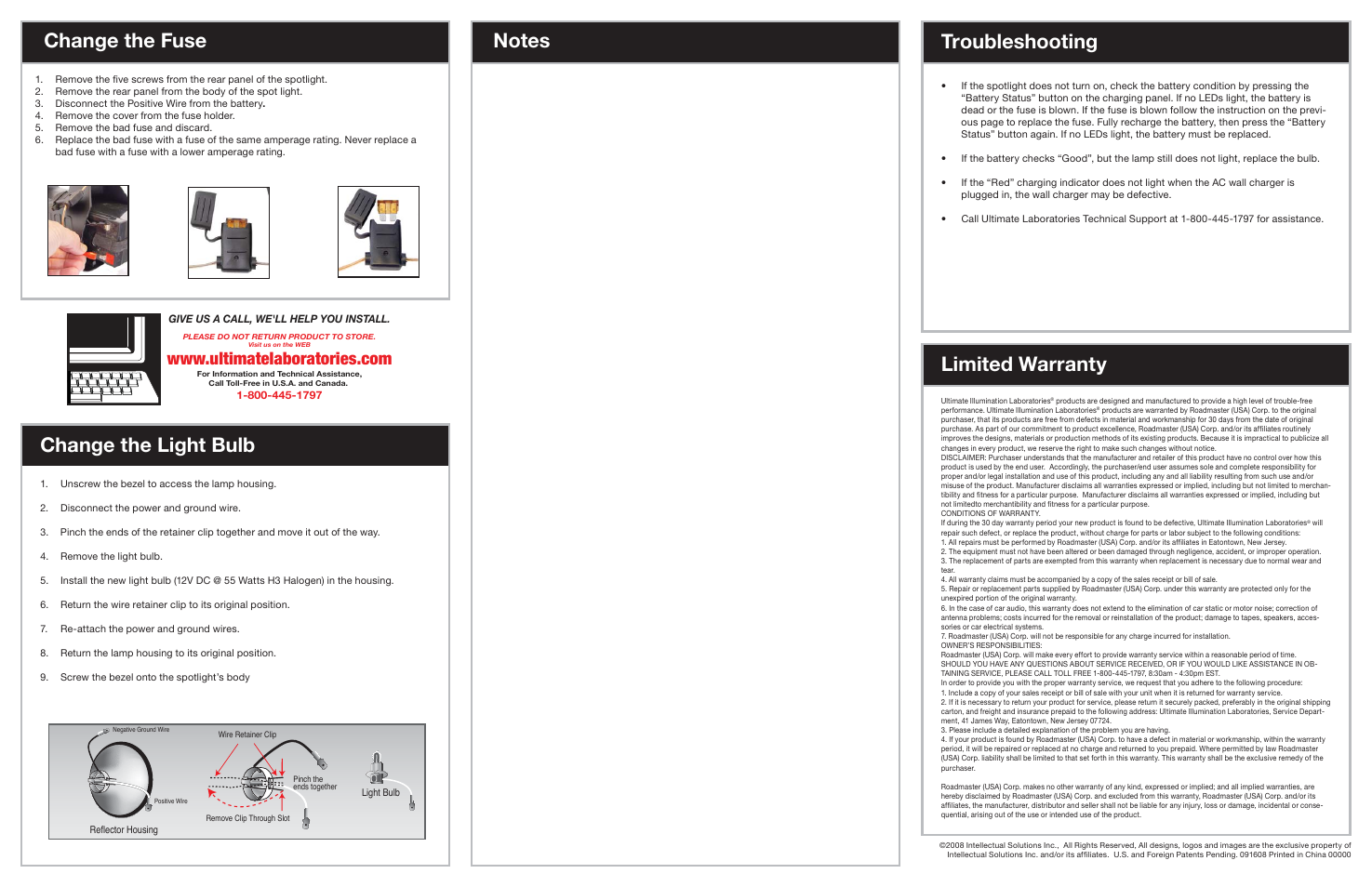 Limited warranty change the fuse, Change the light bulb, Troubleshooting | Roadmaster SBS2000H3 User Manual | Page 2 / 2