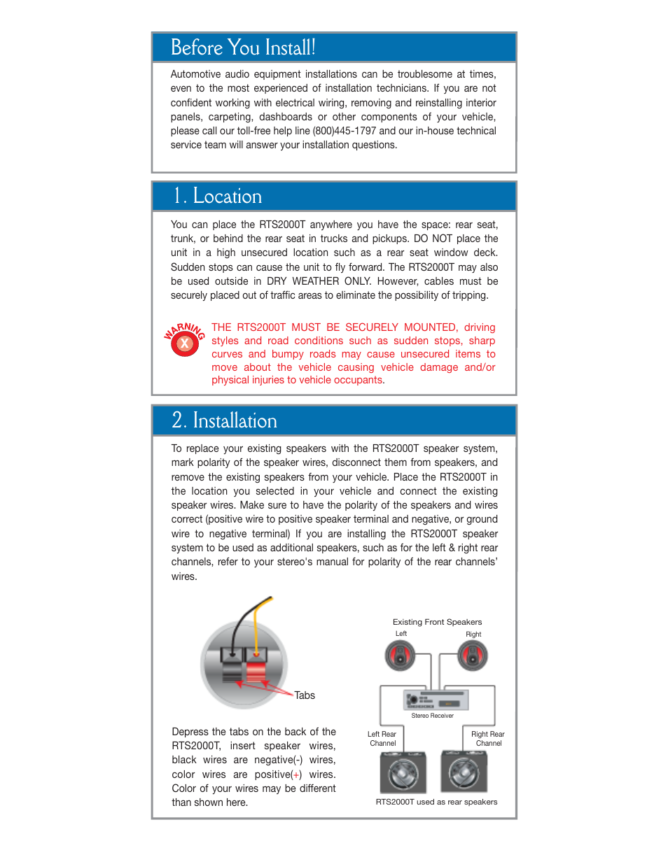 Rts2000t stereo speaker system read first, Before you install, Give us a call, we'll help you install | What if there is no sound, What if the sound volume is low | Roadmaster RTS2000T User Manual | Page 2 / 3