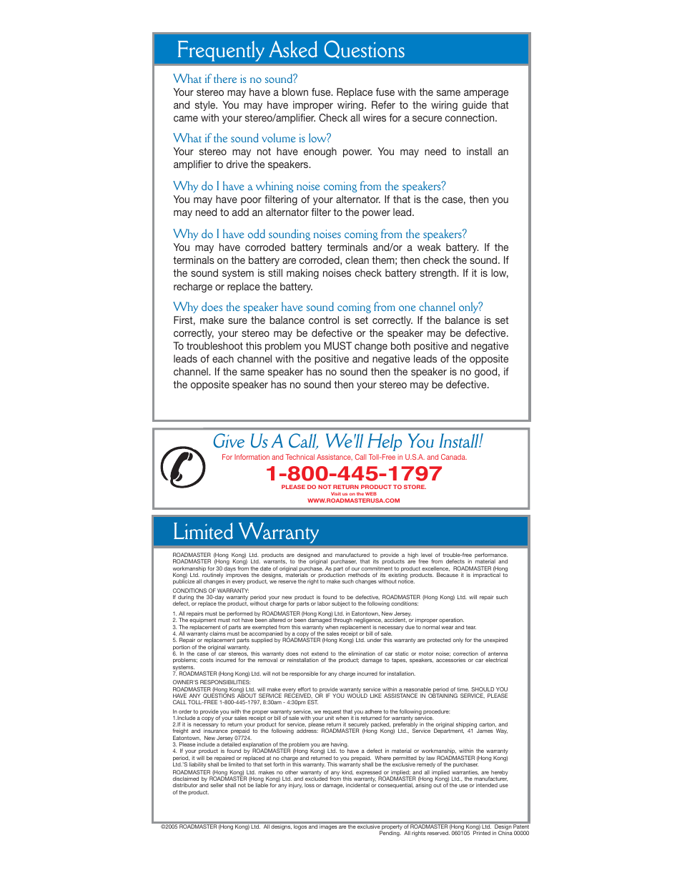Rts2000t stereo speaker system read first, Before you install, Give us a call, we'll help you install | What if there is no sound, What if the sound volume is low | Roadmaster RTS2000T User Manual | Page 3 / 3